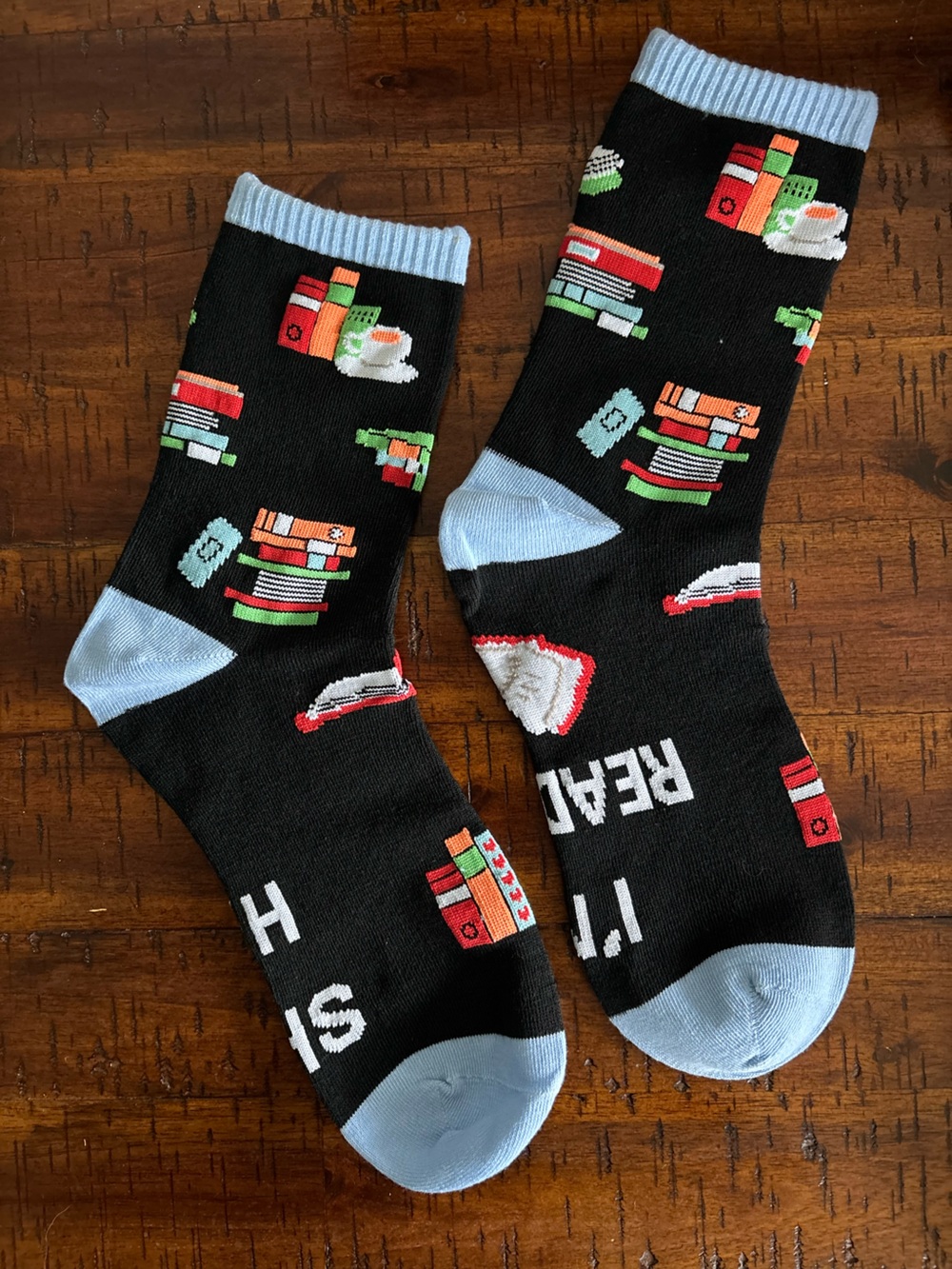 Novelty “Shh I’m Reading” Socks with Light Blue and Book Accents